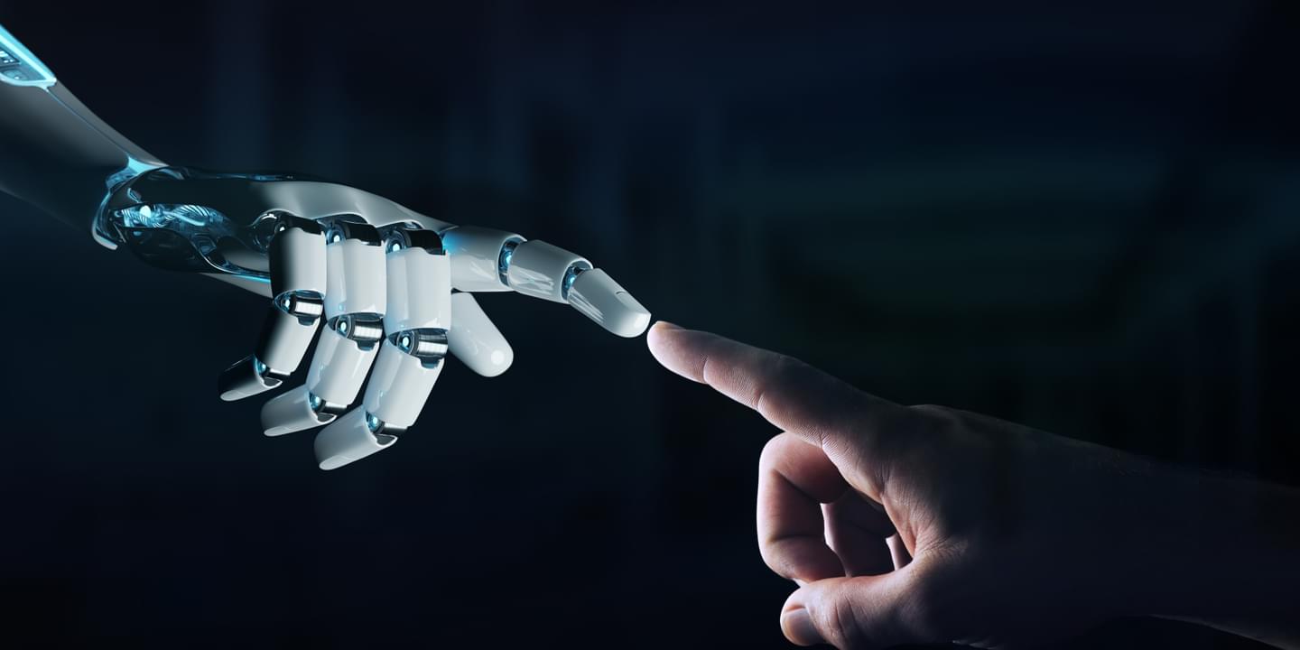 3D rendering of a robot hand making contact with human hand on a dark background.