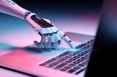 3D rendering of a robotic hand pressing the keyboard on a laptop.