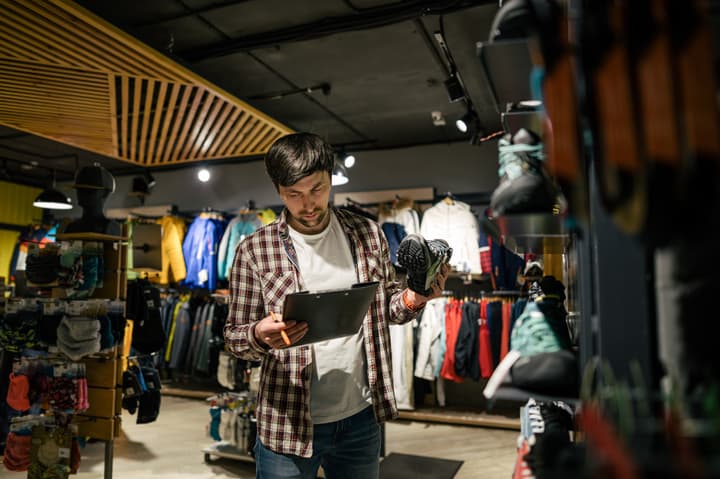 Sporting goods store owner with clipboard checking inventory.