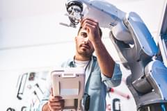 A male engineer of color performs maintenance on a robotic arm.
