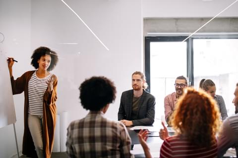 Collaboration people working in meeting room with flipchart