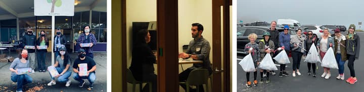 A triptych of images. The left-most picture shows Propellerites volunteering at KairosPDX's annual school supply drive. The middle image shows Propeller consultant, Eric Wrona, meeting with a woman of color during an Impact NW speed mentoring event. The right-most image is a picture of Propeller employees based in San Francisco cleaning up trash at a state park.