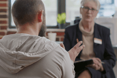 Two men, one a Black man, the other white, talk to a female moderator wearing a name tag during a tense group discussion.